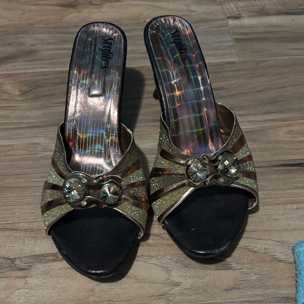 Shimmering Gold and Black Mules with Rhinestone Detail